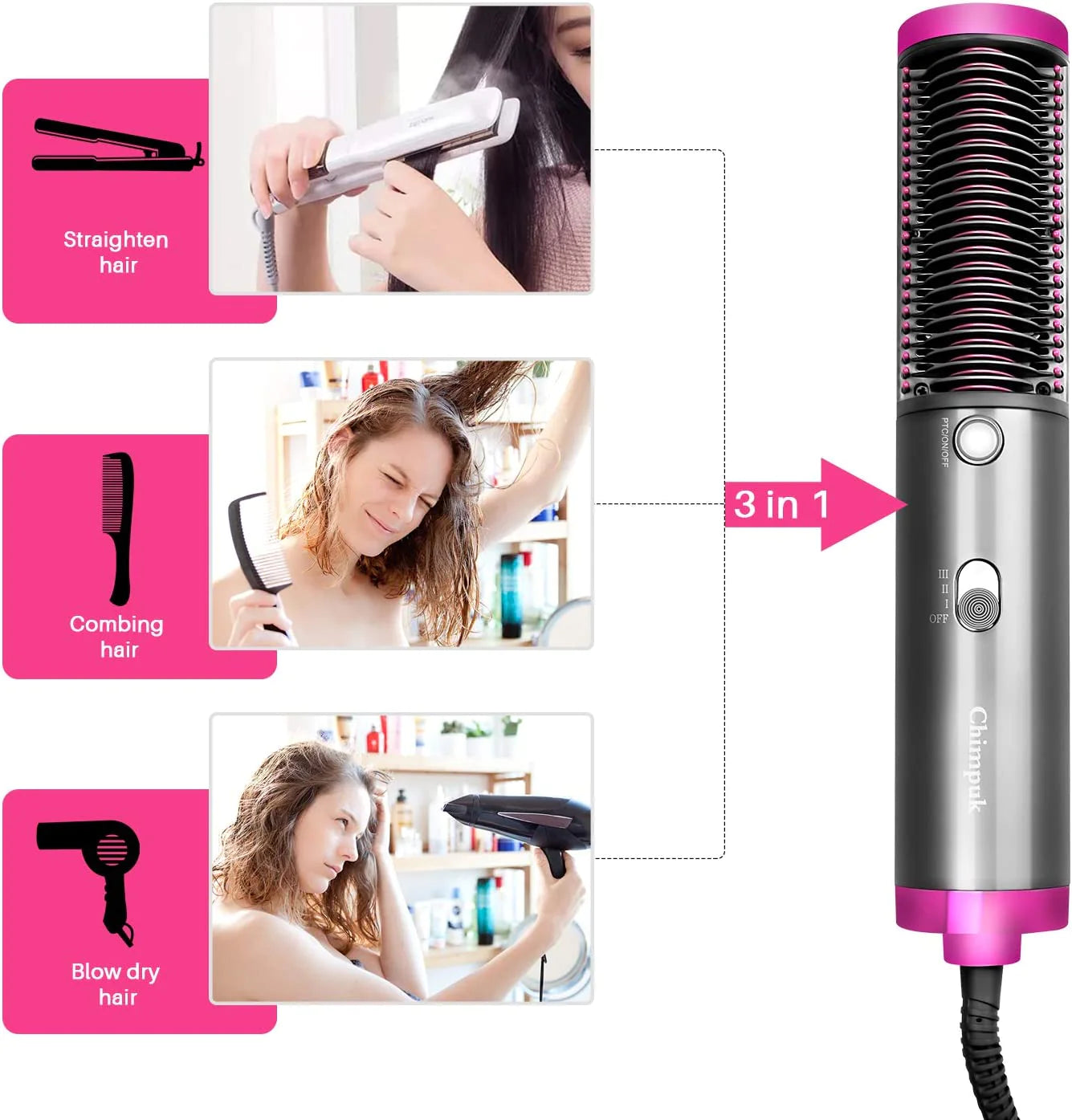 3 In 1 Hot-Air Brush Hair Straightener