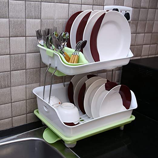 Multipurpose Draining Dish Rack Double Layer Dish Drainer Rack Green Color