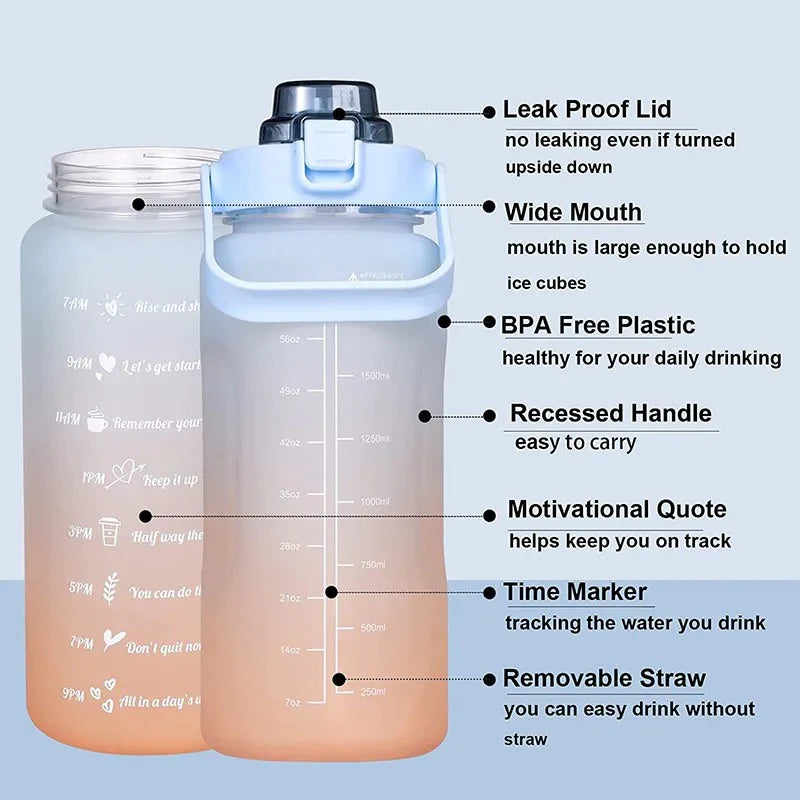 2000ml Motivational Sports Water Bottle With Straw and time marker