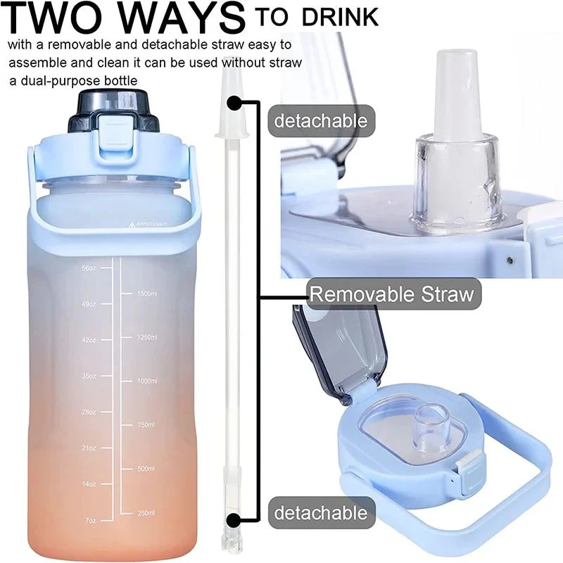 2000ml Motivational Sports Water Bottle With Straw and time marker