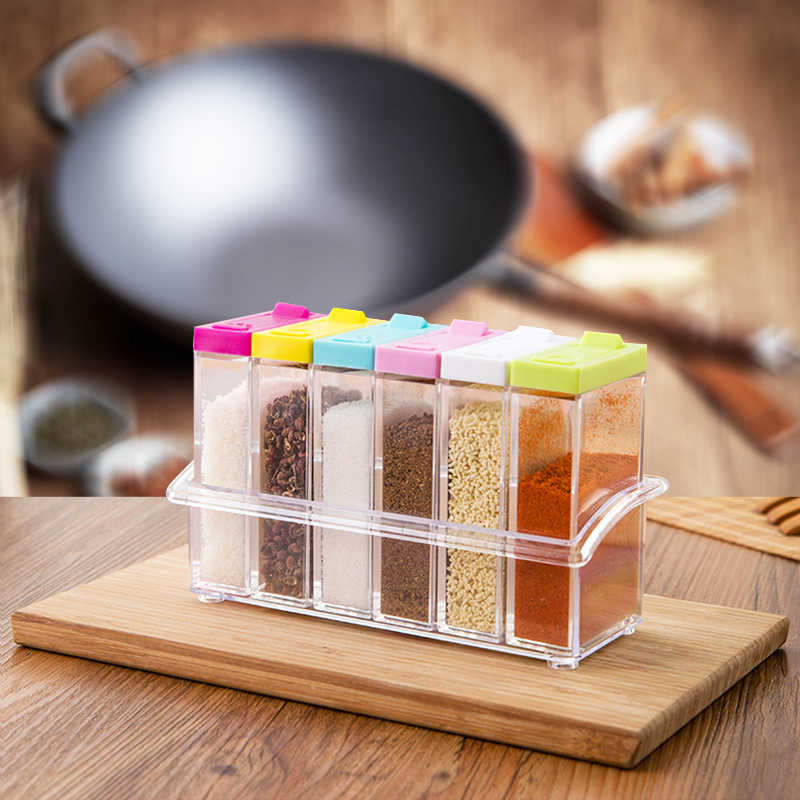 Plastic Multicolor Spice Rack 6 Lid Container Set